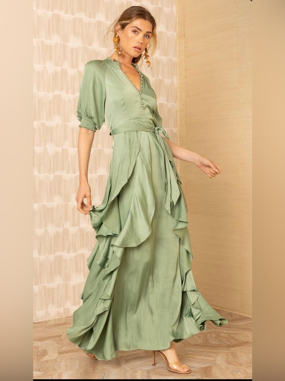 Hale Bob Clare Green Ruffle Charmeuse Maxi Dress S NWT $428
